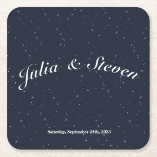 Celestial Night Sky Navy & Star Background Square Paper Coaster