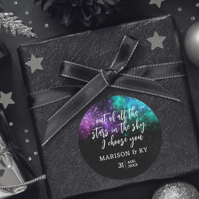 Celestial Night Sky Space Nebula Gold Star Wedding Classic Round Sticker (Creator Uploaded)