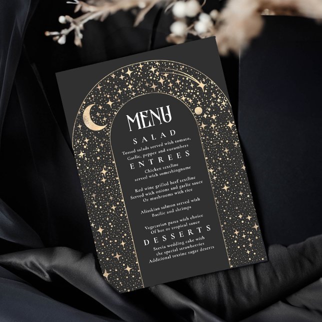 Celestial Night Sky Stars Arch Black Wedding Menu Invitation (Black Celestial Wedding Menu Cards)