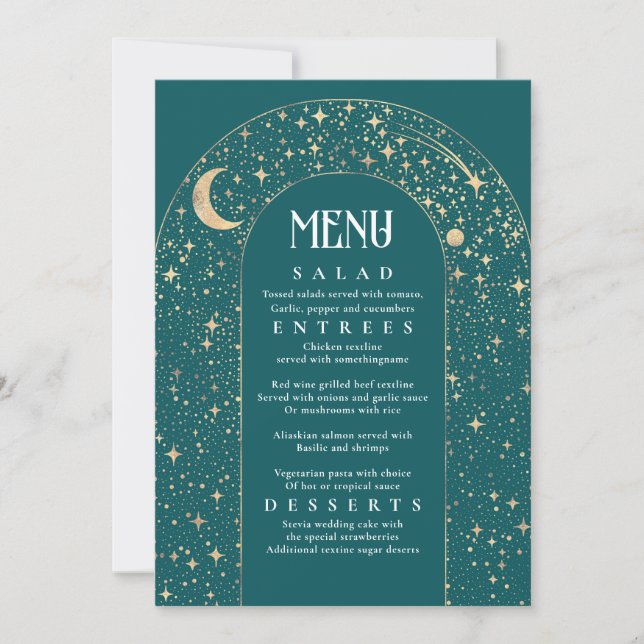 Celestial Night Sky Stars Arch Teal Wedding Menu Invitation (Front)