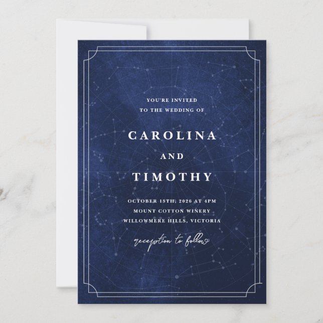 Celestial Night Sky Watercolour Wedding Invitation (Front)