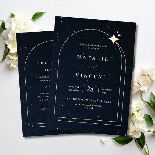 Celestial Night Sky Wedding Navy Blue Starry Arch Invitation