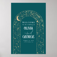 Celestial Night Stars Teal Wedding Welcome Sign