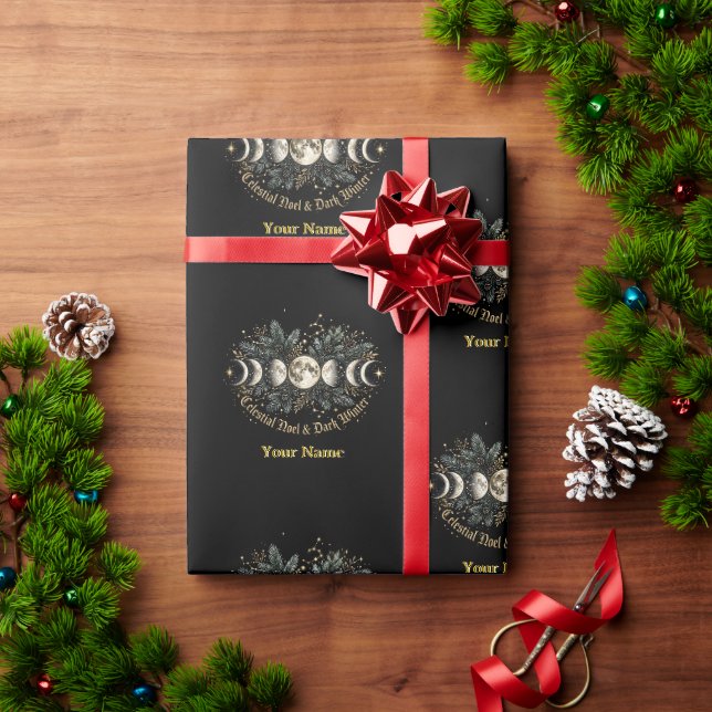 Celestial Nook Dark Winter Moon Phases Wrapping Paper (Holiday Gift)