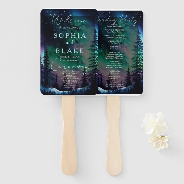 Celestial Northern Lights Wedding Program Hand Fan (Front and Back)