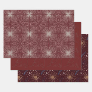 Celestial objects, moon, sun, cat, starburst wrapping paper sheet