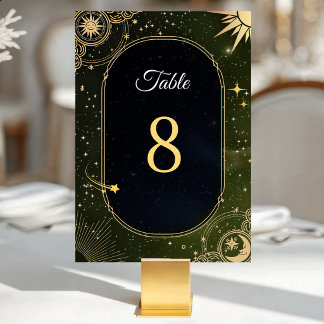 Celestial Olive Green Shooting Star Wedding Table Number