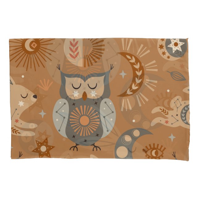 Celestial Owl & Hare: Mystic Pattern Pillowcase (Front)