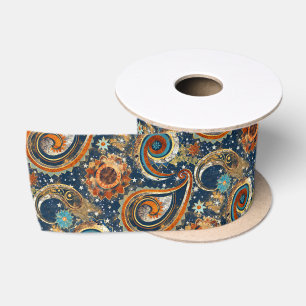 Celestial Paisley Pattern Navy Blue & Gold Vintage Satin Ribbon