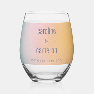 Celestial Pastel Blue Pink Grainy Gradient Wedding Stemless Wine Glass