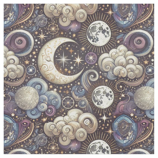 Celestial Pattern-Seamless Moon and Stars Design Fabric (Close Up)