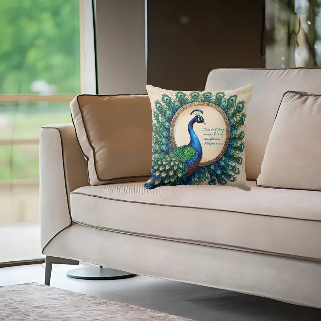 Celestial Peacock Bloom Bible Verse  Cushion (Creator Uploaded)