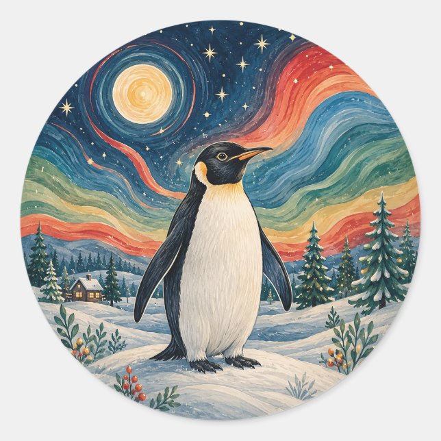 Celestial Penguin's Winter Solstice Classic Round Sticker (Front)