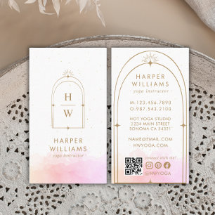 Celestial Pink Monogram Yoga Instructor QR Code Business Card