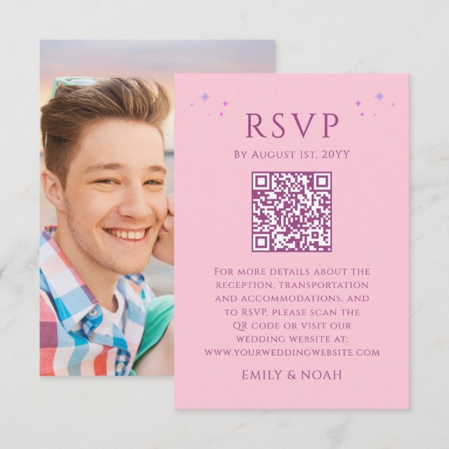 Celestial Pink Purple Budget QR Code RSVP Photo Enclosure Card (Front/Back)
