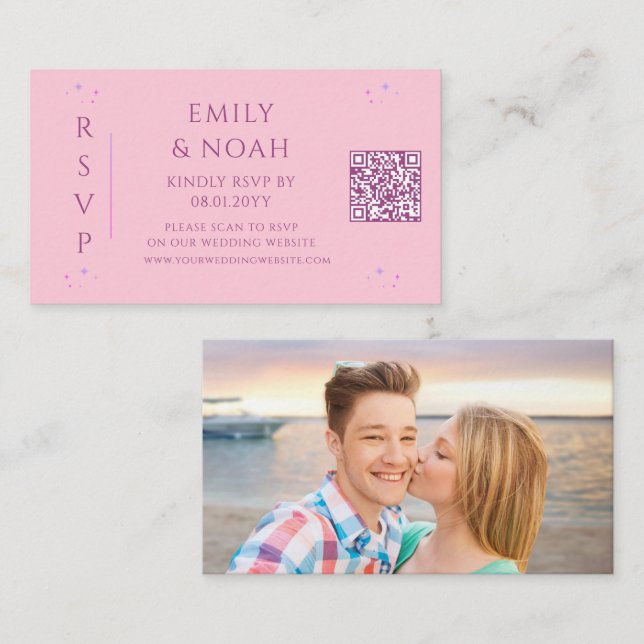 Celestial Pink Purple Budget QR Code RSVP Photo Enclosure Card (Front/Back)