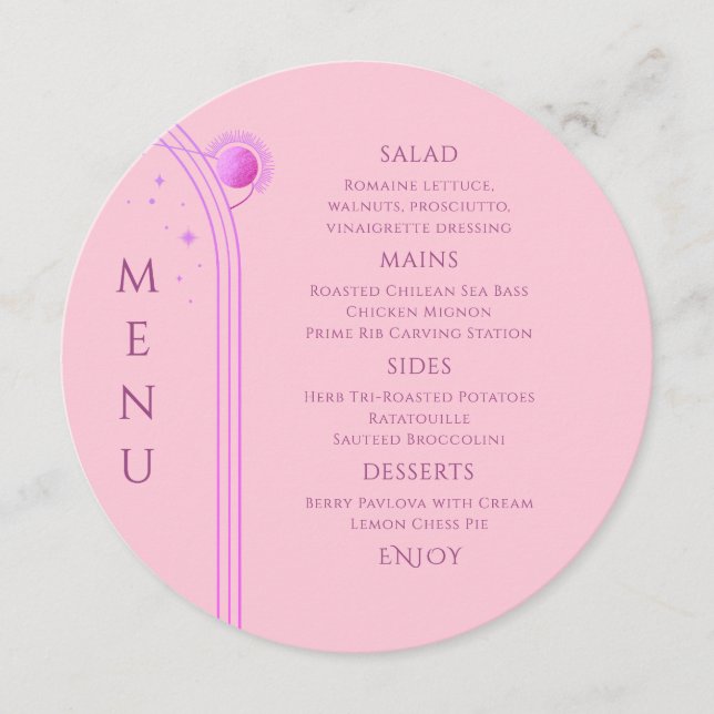 Celestial Pink Purple Sun Moon Stars Wedding Menu (Front)