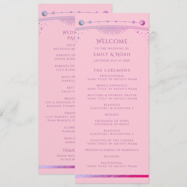 Celestial Pink Purple Sun Moon Stars Wedding Programme (Front/Back)
