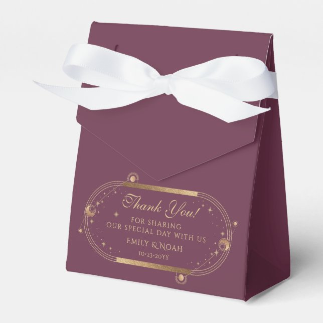 Celestial Plum Gold Sun Moon Stars Wedding Favour Box (Front Side)