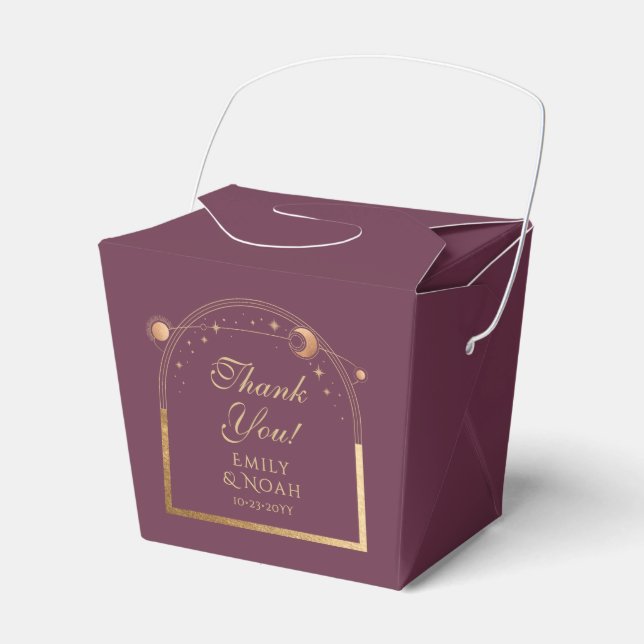 Celestial Plum Gold Sun Moon Stars Wedding Favour Box (Front Side)