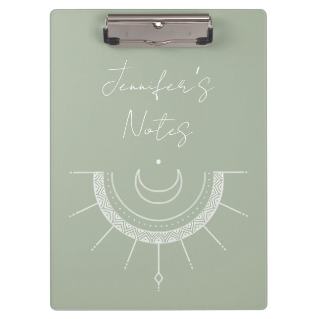 Celestial Pretty Olive Green Sun Moon Personalised Clipboard (Front)