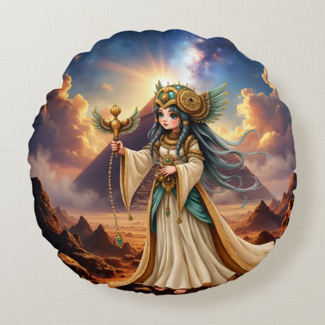 Celestial Priestess of the Golden Pyramid. Round Cushion (Front)