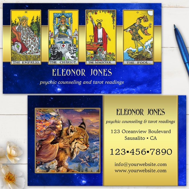 Celestial Psychic Tarot Reader Photo Business Card (Tarot reader business card featuring a celestial sky image with gold and your custom photos)