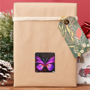 Celestial Purple butterfly black background Square Sticker