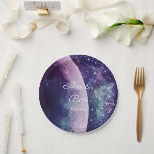 Celestial Purple Galaxy Moon Wedding  Paper Plate