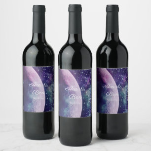 Celestial Purple Galaxy Moon Wedding  Wine Label