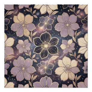 Celestial Purple Gold Floral Pattern Stars Galaxy Poster