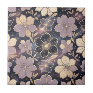Celestial Purple Gold Floral Pattern Stars Galaxy Tile