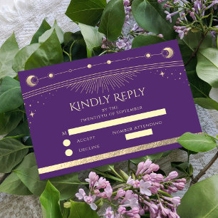 Celestial Purple Gold Sun Moon Stars Wedding RSVP Card