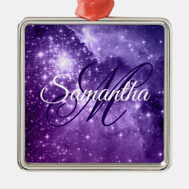 Celestial Purple Starry Sparkle Fancy Monogram Metal Tree Decoration (Front)