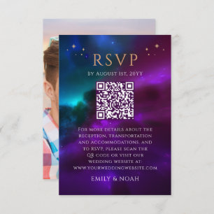 Celestial Purple Teal Budget QR Code RSVP Photo Enclosure Card