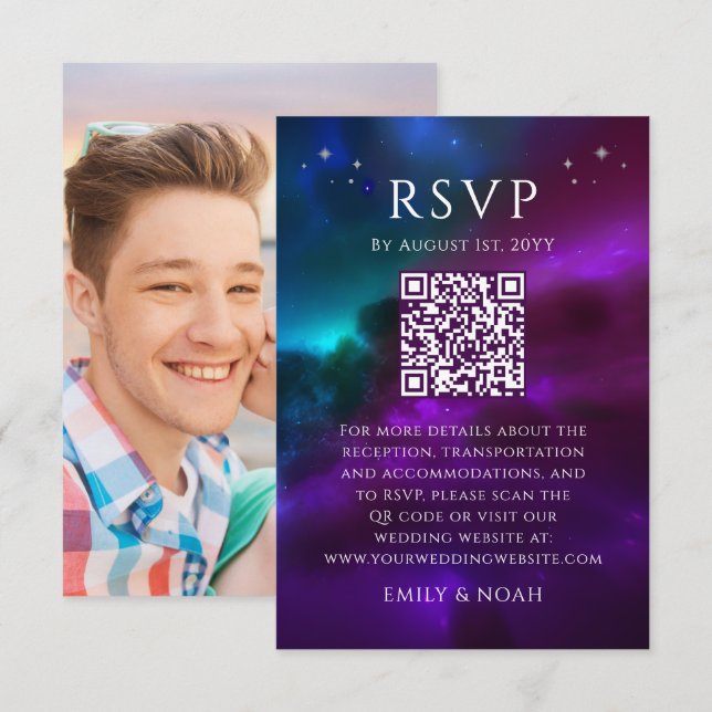 Celestial Purple Teal Budget QR Code RSVP Photo Enclosure Card (Front/Back)