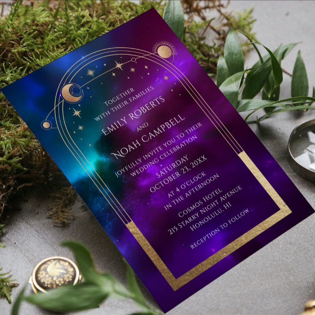 Celestial Purple Teal Gold Wedding Invitation (Creator Uploaded)