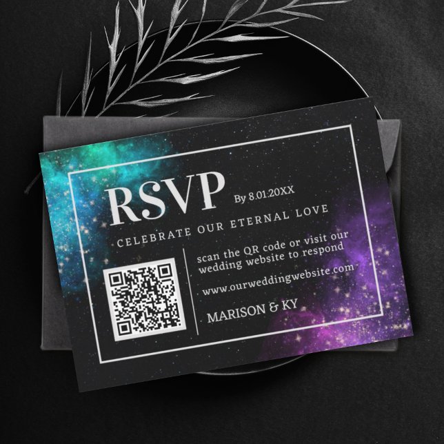 Celestial Purple Teal Nebula Stars Wedding RSVP QR Card (Creator Uploaded)