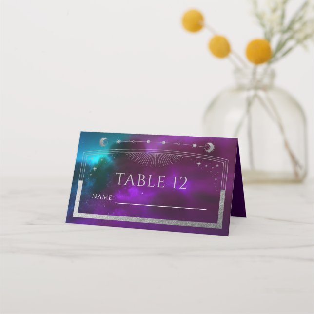 Celestial Purple Teal Silver Sun Moon Star Wedding Place Card (Front)