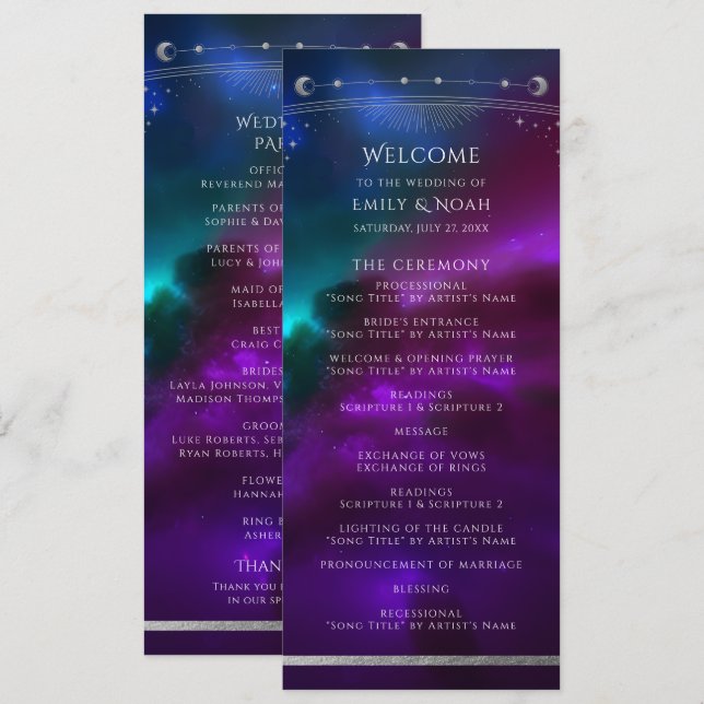 Celestial Purple Teal Silver Wedding Programme (Front/Back)