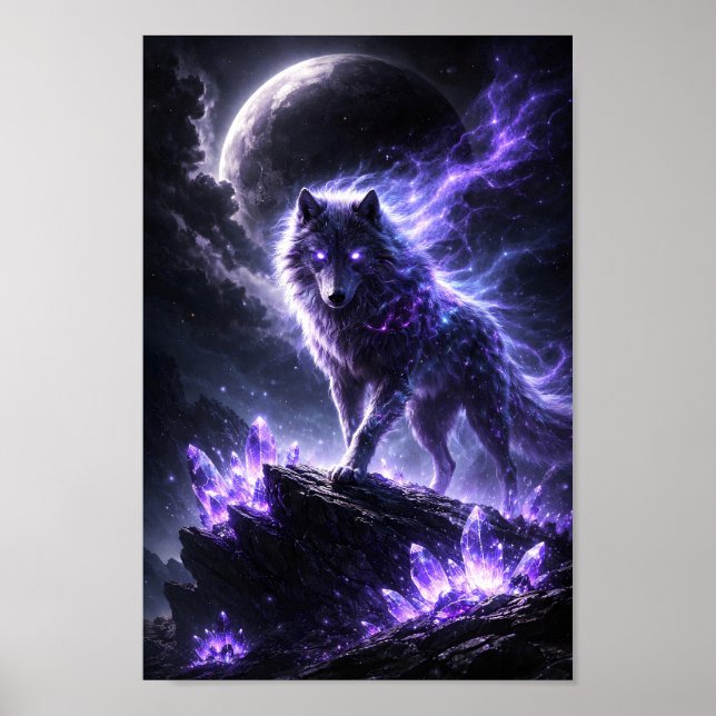 Celestial Purple Wolf Crystal Mountain Fantasy Poster (Front)
