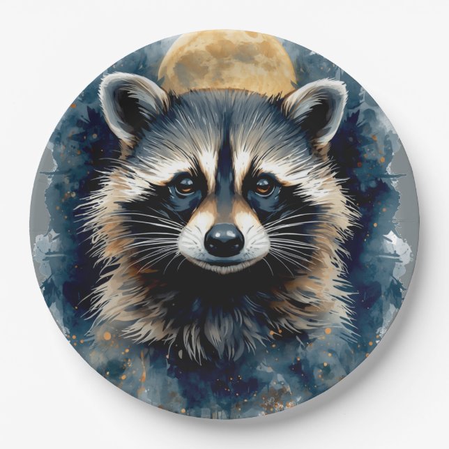 Celestial Racoon Watercolor Moon Forest Art Paper Plate (Front)