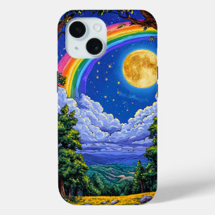Celestial Rainbow Galaxy Moon Stars Space Design iPhone 15 Case
