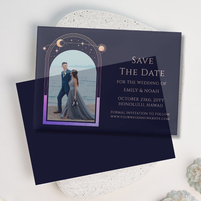 Celestial Rainbow Navy Blue Photo Wedding Vellum Invitations (Creator Uploaded)