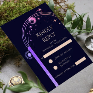 Celestial Rainbow Navy Blue Sun Moon Stars Wedding RSVP Card