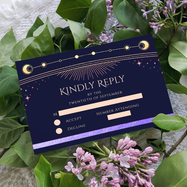 Celestial Rainbow Navy Blue Sun Moon Stars Wedding RSVP Card (Creator Uploaded)