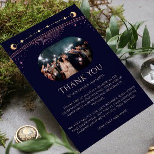 Celestial Rainbow Sun Moon Stars Wedding Photo Thank You Card
