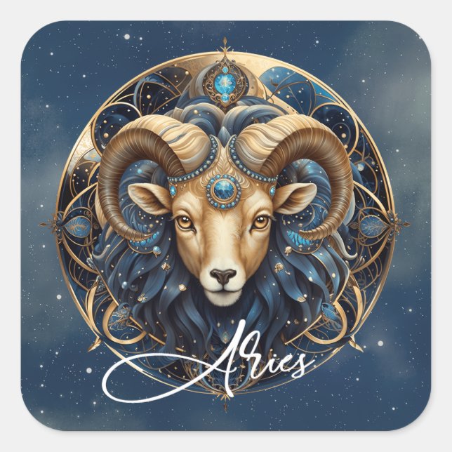 Celestial Ram Zodiac Sign Cosmic Black Gold Aries Square Sticker (Front)