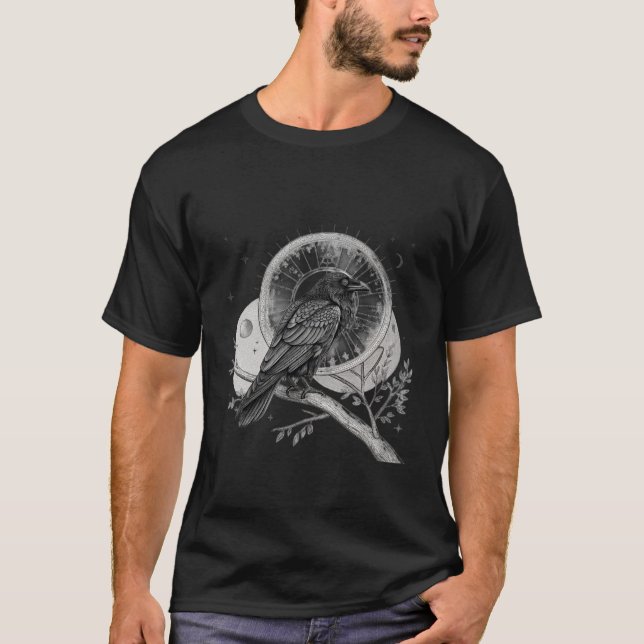 Celestial Raven Crow Bird Moon Sacred Geometry Art T-Shirt (Front)