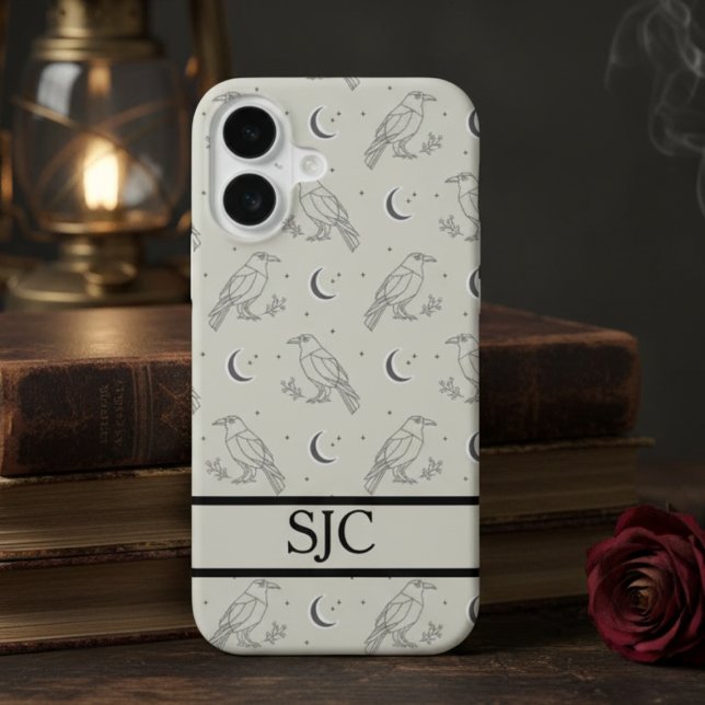 Celestial Raven Dark Academia iPhone 16 Case (Gothic raven monogram phone case)